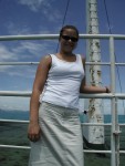 Amber on ferry with hair tied back